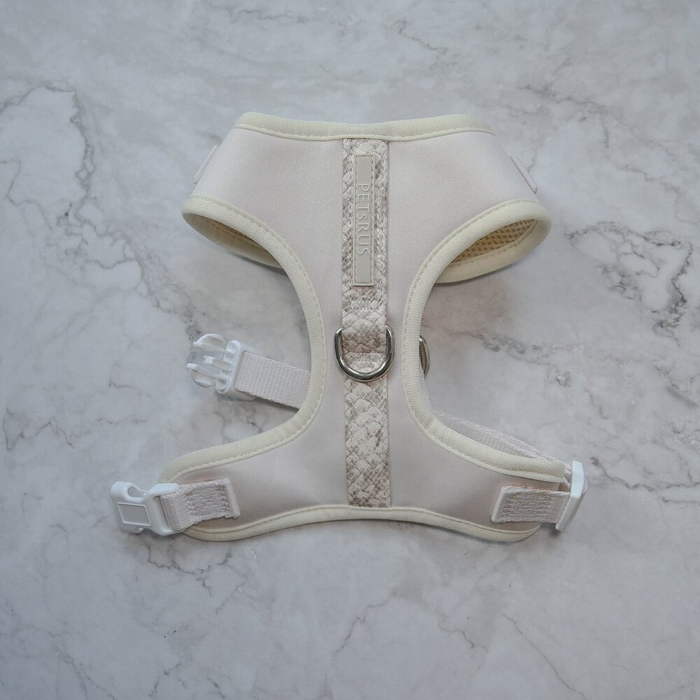 PETsRUS Premium No Pull Dog Harness 2 Leash Clips Ivory Snake Leather Neoprene